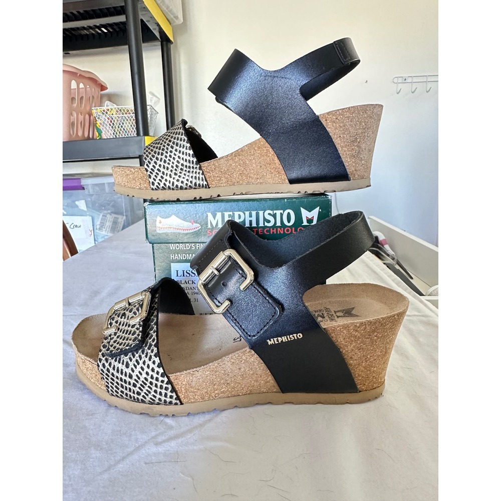 Mephisto Lissandra Black Condor Leather Wedge Sandals EU Size 37 US 7 - Picture 7 of 14